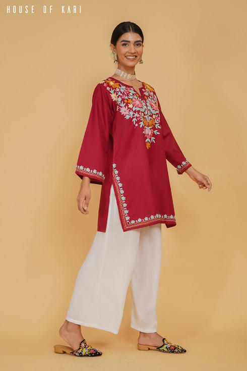 Aditi in Kashmiri Aari Work Cotton Short Kurta – Maroon